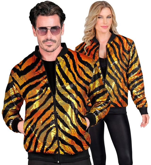 Pailletten Bomberjacke mit Tigermuster für Fasnacht und Karneval