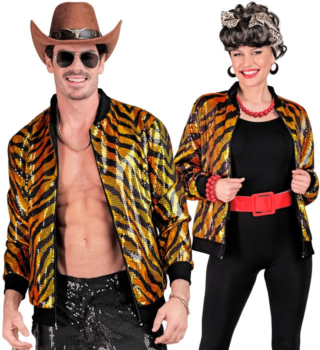 Pailletten Bomberjacke mit Tigermuster für Fasnacht und Karneval