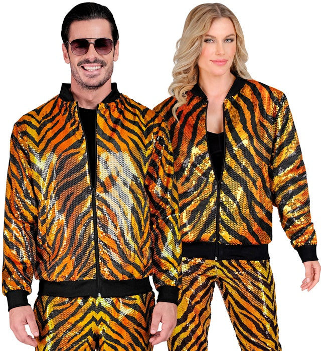 Pailletten Bomberjacke mit Tigermuster für Fasnacht und Karneval