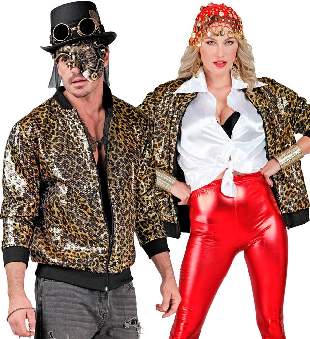 Pailletten Bomberjacke mit Leopardenmuster für Fasnacht und Karneval