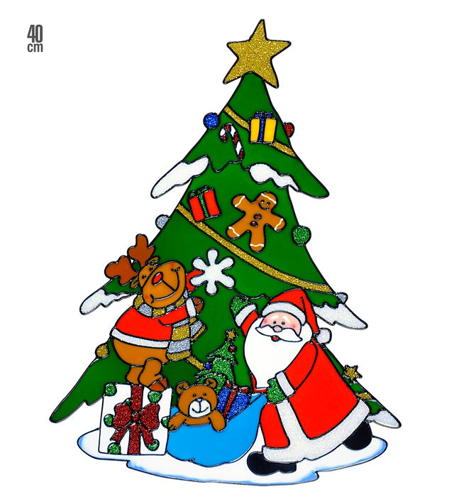 Fensterbild mit Weihnachtsbaum, Weihnachtsmann und Rentier, 40 cm groß