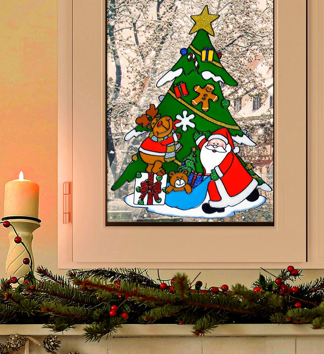 Fensterbild mit Weihnachtsbaum, Weihnachtsmann und Rentier, 40 cm groß