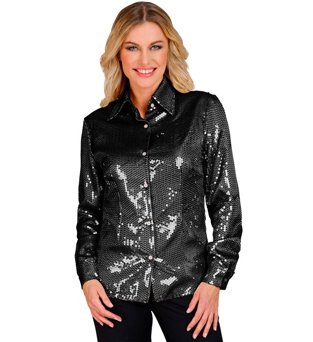 Schwarze Paillettenbluse glänzend für Fasnacht und Mottoparty