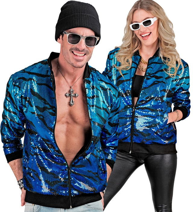Pailletten-Bomberjacke mit blauem Wellenmuster für Fasnacht und Karneval