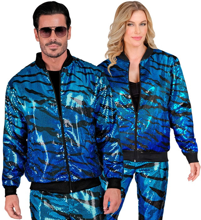 Pailletten-Bomberjacke mit blauem Wellenmuster für Fasnacht und Karneval