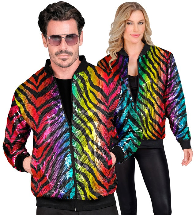 Bunte Pailletten Bomberjacke im Tigermuster mit Regenbogeneffekt