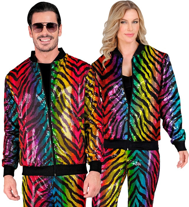 Bunte Pailletten Bomberjacke im Tigermuster mit Regenbogeneffekt