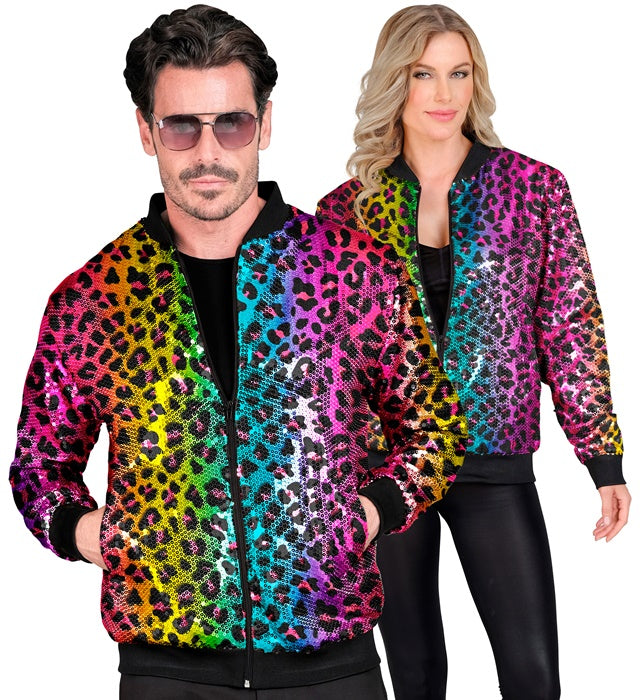 Pailletten Bomberjacke mit Leopardenmuster und Regenbogenfarben für Fasnacht