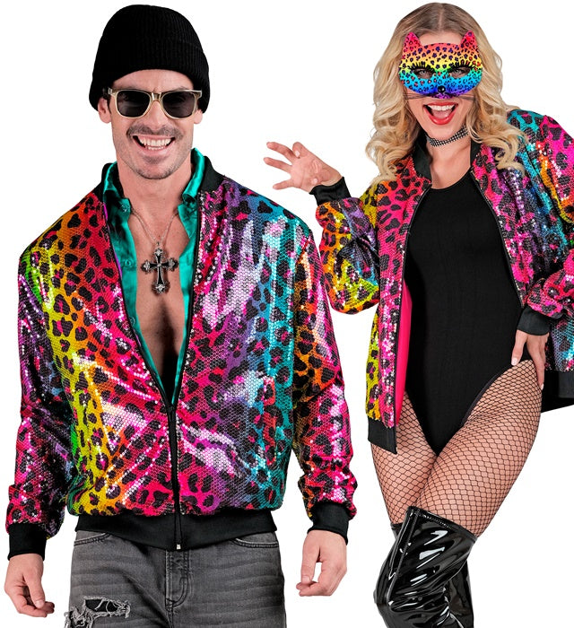 Pailletten Bomberjacke mit Leopardenmuster und Regenbogenfarben für Fasnacht