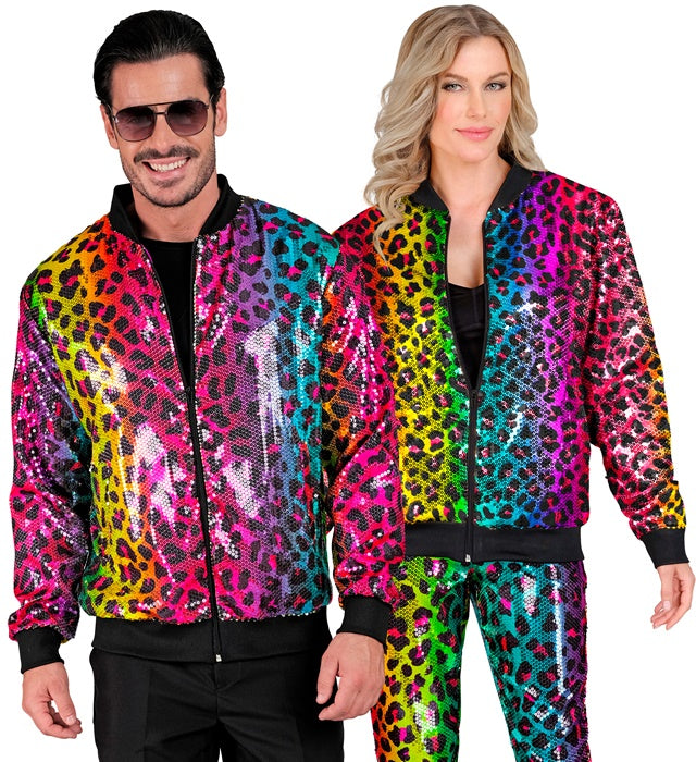 Pailletten Bomberjacke mit Leopardenmuster und Regenbogenfarben für Fasnacht