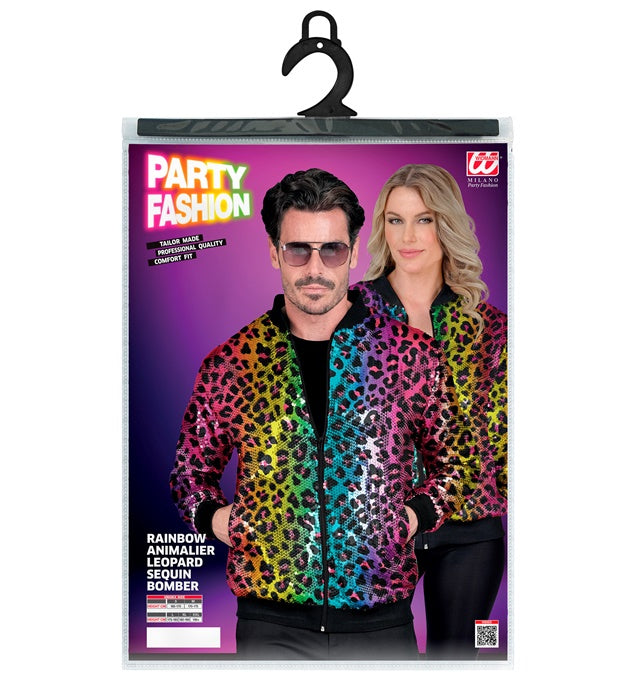 Pailletten Bomberjacke mit Leopardenmuster und Regenbogenfarben für Fasnacht