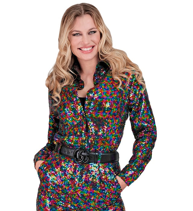 Bunte Paillettenbluse mit schimmerndem Farbverlauf ideal für Fasnacht und Karneval
