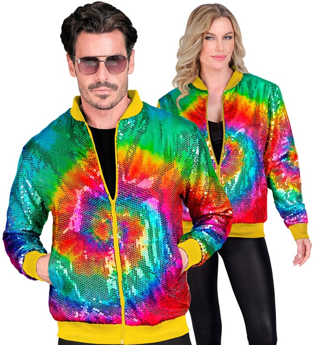 Bunte Pailletten Bomberjacke im Tie-Dye Muster für Fasnacht und Karneval