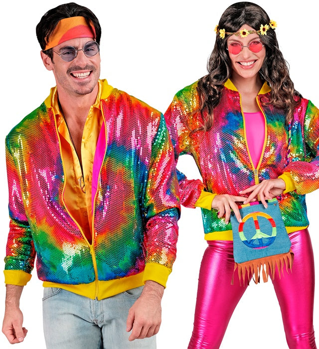 Bunte Pailletten Bomberjacke im Tie-Dye Muster für Fasnacht und Karneval