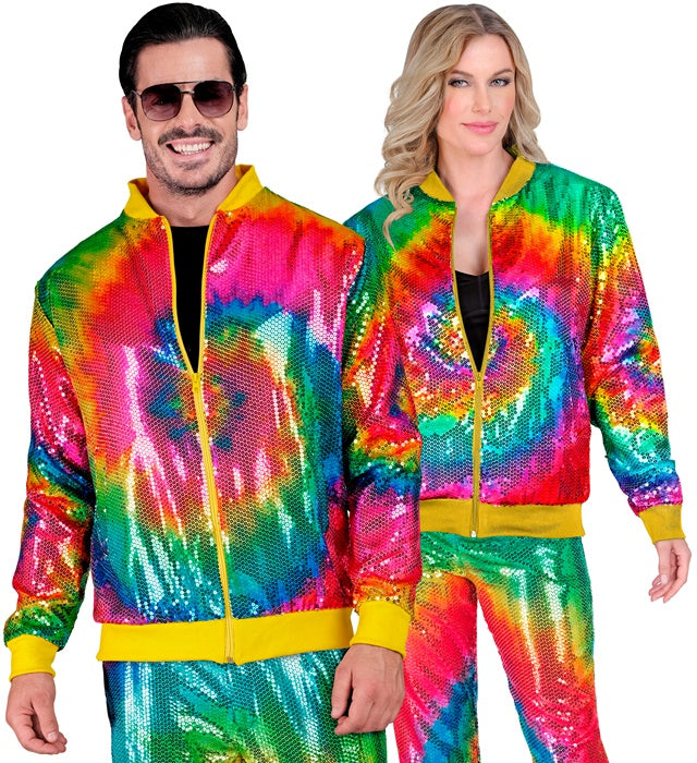 Bunte Pailletten Bomberjacke im Tie-Dye Muster für Fasnacht und Karneval