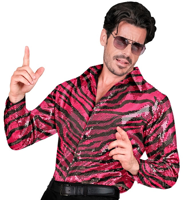 Pinkes Paillettenhemd mit Zebramuster für Fasnacht und Karneval