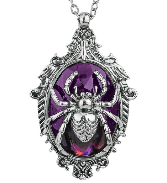 Silberfarbene Kette mit Spinnenanhänger und violettem Edelstein