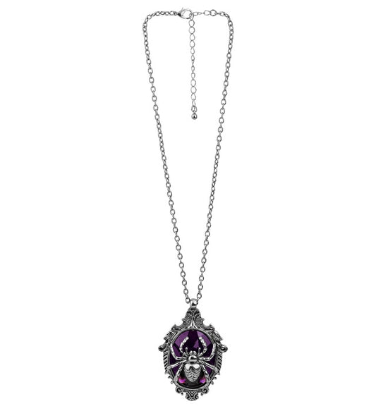 Silberfarbene Kette mit Spinnenanhänger und violettem Edelstein