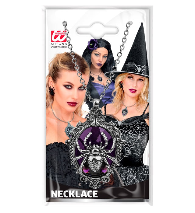 Silberfarbene Kette mit Spinnenanhänger und violettem Edelstein