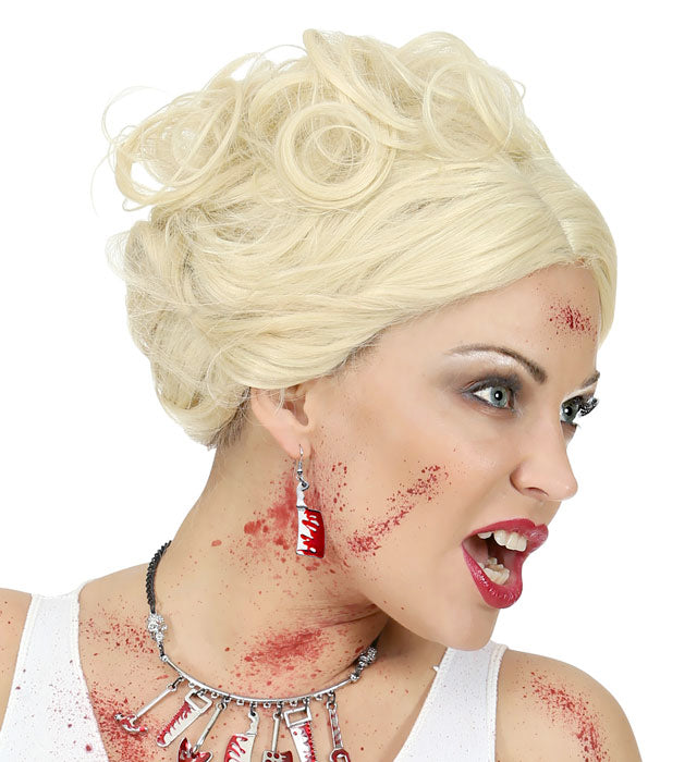 Blutige Hackebeil Ohrringe in rot-weiß, gruseliges Halloween Accessoire