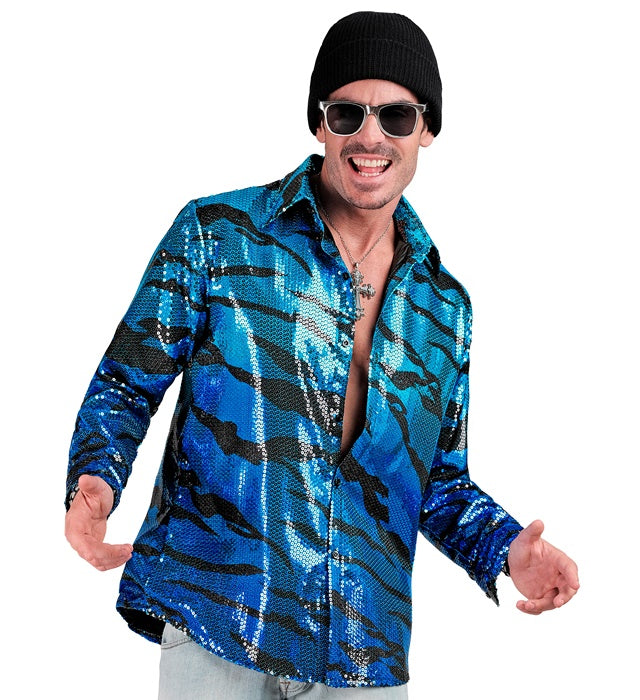 Blaues Paillettenhemd mit schimmerndem Wellenmuster für Fasnacht und Karneval