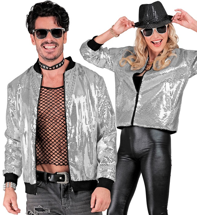 Silberne Bomberjacke mit Pailletten für Fasnacht und Karneval