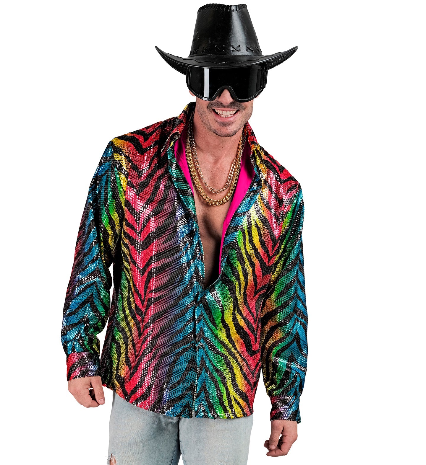 Herren Pailletten Hemd im Tigerlook Rainbow