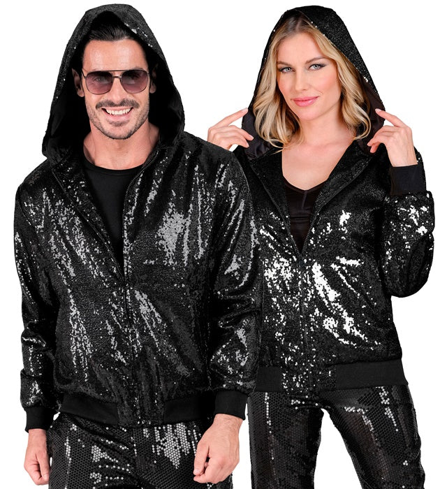 Schwarze Pailletten Bomberjacke mit Kapuze für Fasnacht und Karneval