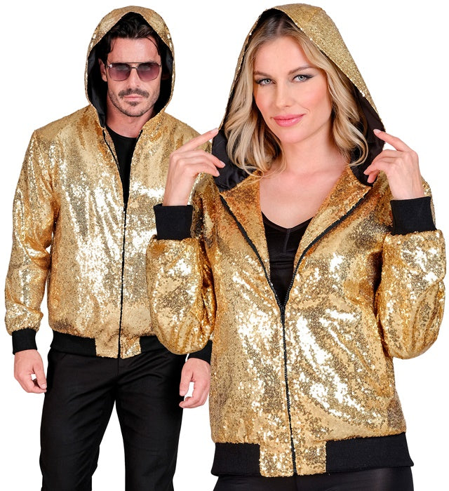 Goldene Bomberjacke mit Kapuze und Pailletten für Fasnacht und Karneval