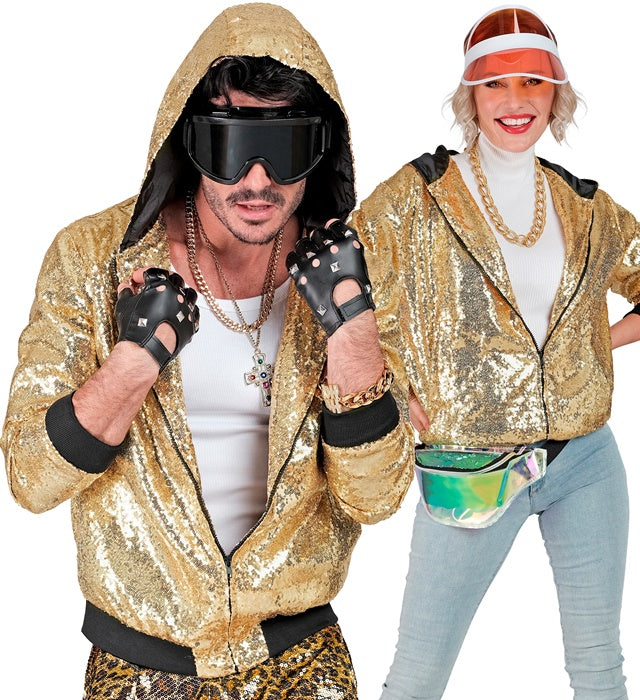Goldene Bomberjacke mit Kapuze und Pailletten für Fasnacht und Karneval