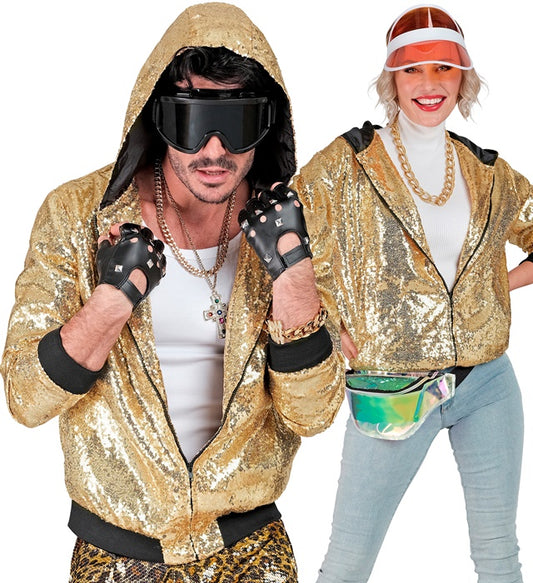 Goldene Bomberjacke mit Kapuze und Pailletten für Fasnacht und Karneval