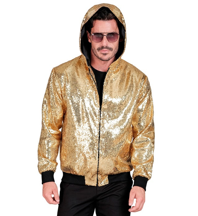 Goldene Bomberjacke mit Kapuze und Pailletten für Fasnacht und Karneval