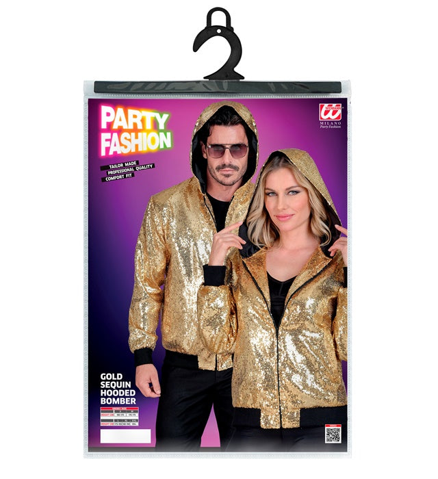 Goldene Bomberjacke mit Kapuze und Pailletten für Fasnacht und Karneval