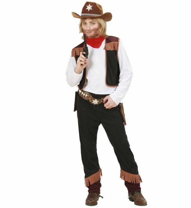 Cowboy-Kostüm mit Hemd, Weste, Hose und rotem Halstuch