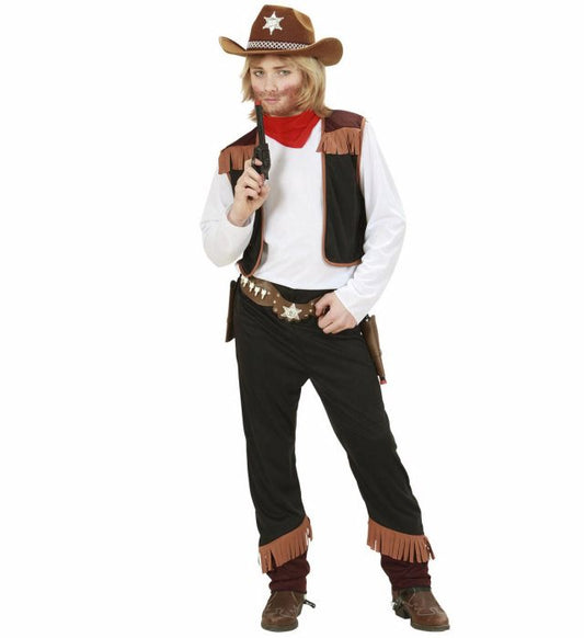 Cowboy-Kostüm mit Hemd, Weste, Hose und rotem Halstuch