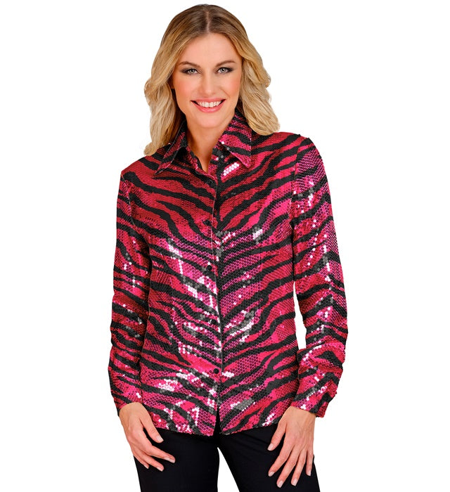 Paillettenbluse mit pinkem Zebramuster für Fasnacht und Mottoparty