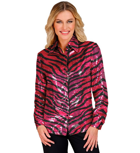 Paillettenbluse mit pinkem Zebramuster für Fasnacht und Mottoparty