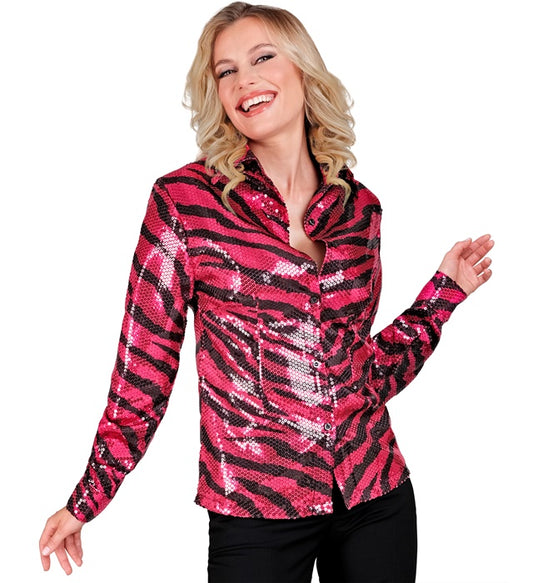 Paillettenbluse mit pinkem Zebramuster für Fasnacht und Mottoparty