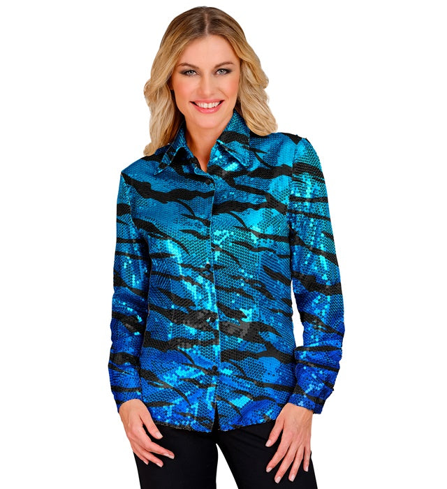 Paillettenbluse mit blauem Wellenmuster als Kostümzubehör für Fasnacht