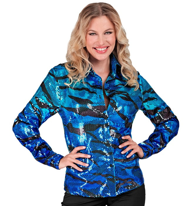 Paillettenbluse mit blauem Wellenmuster als Kostümzubehör für Fasnacht