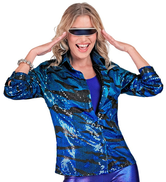 Paillettenbluse mit blauem Wellenmuster als Kostümzubehör für Fasnacht