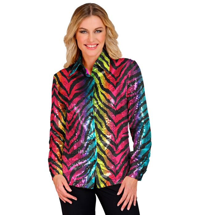 Paillettenbluse mit Regenbogen-Tigermuster, ideal für Fasnacht und Mottopartys