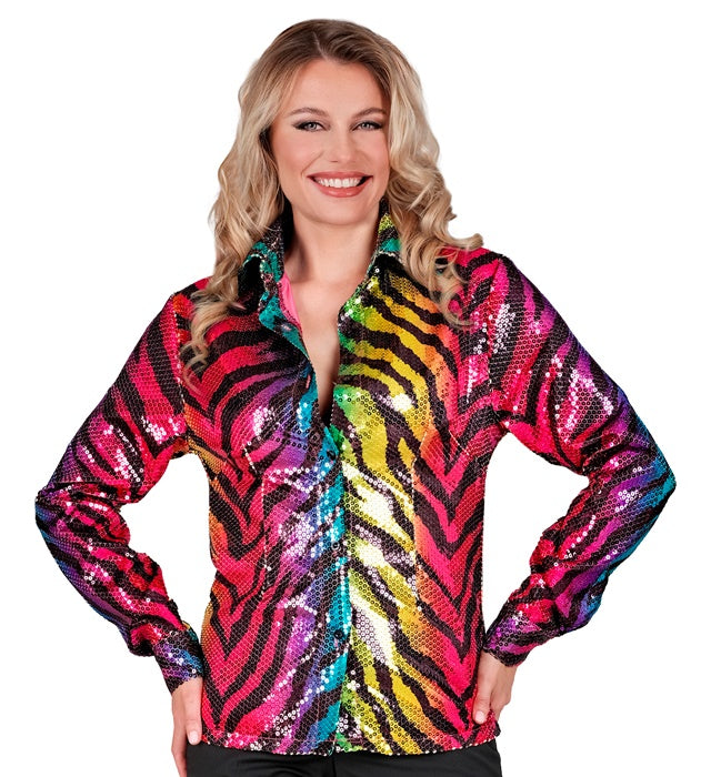 Paillettenbluse mit Regenbogen-Tigermuster, ideal für Fasnacht und Mottopartys