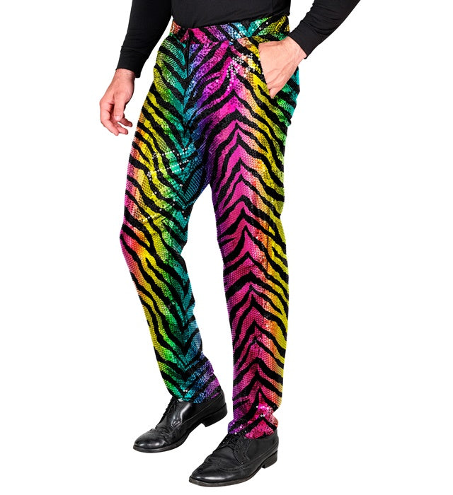 Bunte Paillettenhose mit Regenbogen-Tigermuster für Fasnacht und Karneval