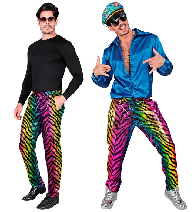 Bunte Paillettenhose mit Regenbogen-Tigermuster für Fasnacht und Karneval