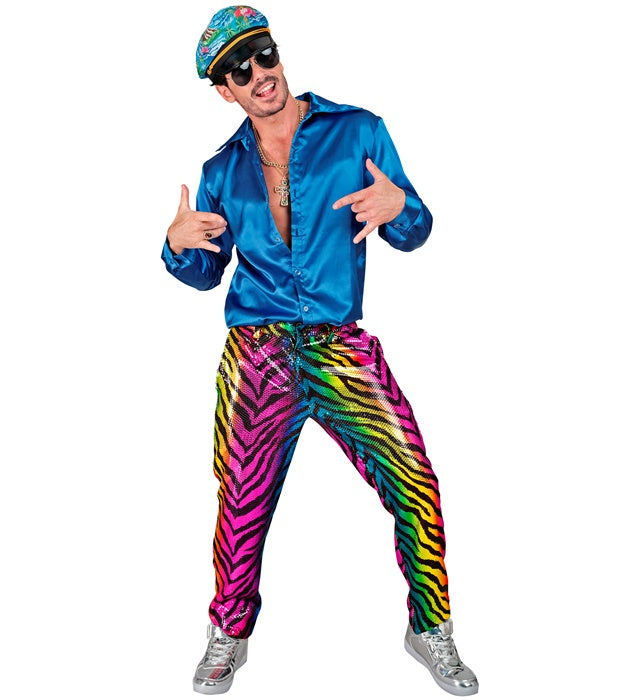 Bunte Paillettenhose mit Regenbogen-Tigermuster für Fasnacht und Karneval