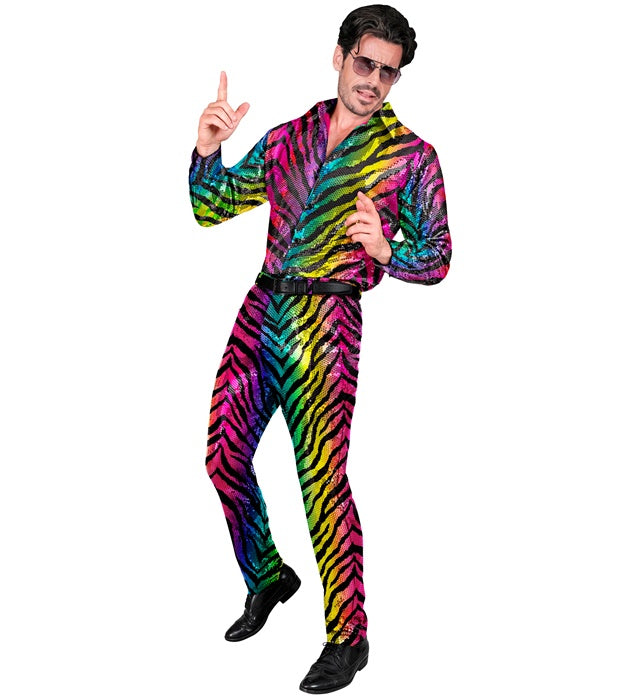 Bunte Paillettenhose mit Regenbogen-Tigermuster für Fasnacht und Karneval