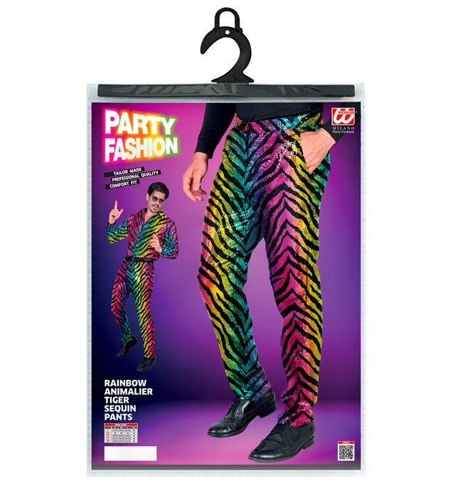 Bunte Paillettenhose mit Regenbogen-Tigermuster für Fasnacht und Karneval