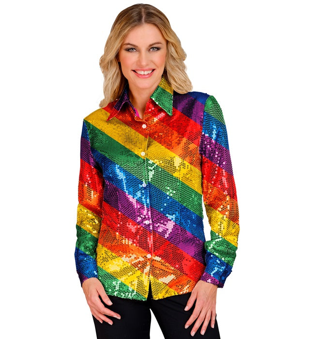 Bunte Paillettenbluse mit Regenbogenmuster auf weißem Hintergrund
