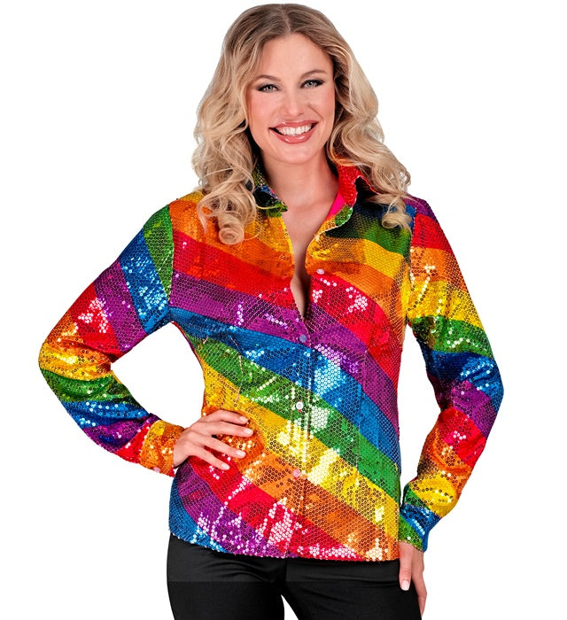 Bunte Paillettenbluse mit Regenbogenmuster auf weißem Hintergrund